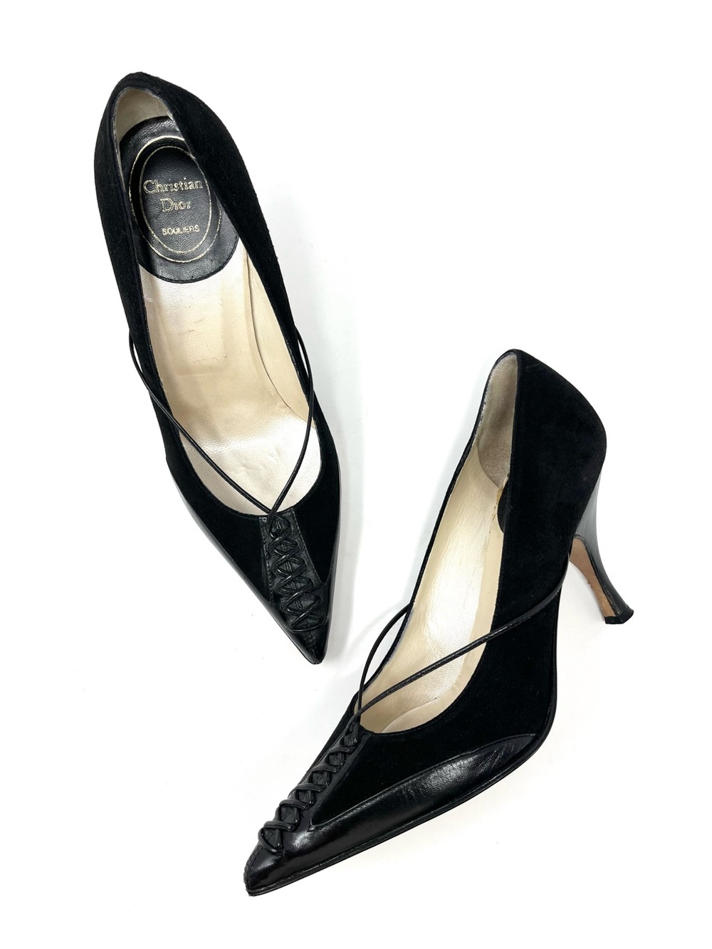 RARE Vintage Christian Dior Black Suede Leather Lace Up Corset Heels Pumps 37.5